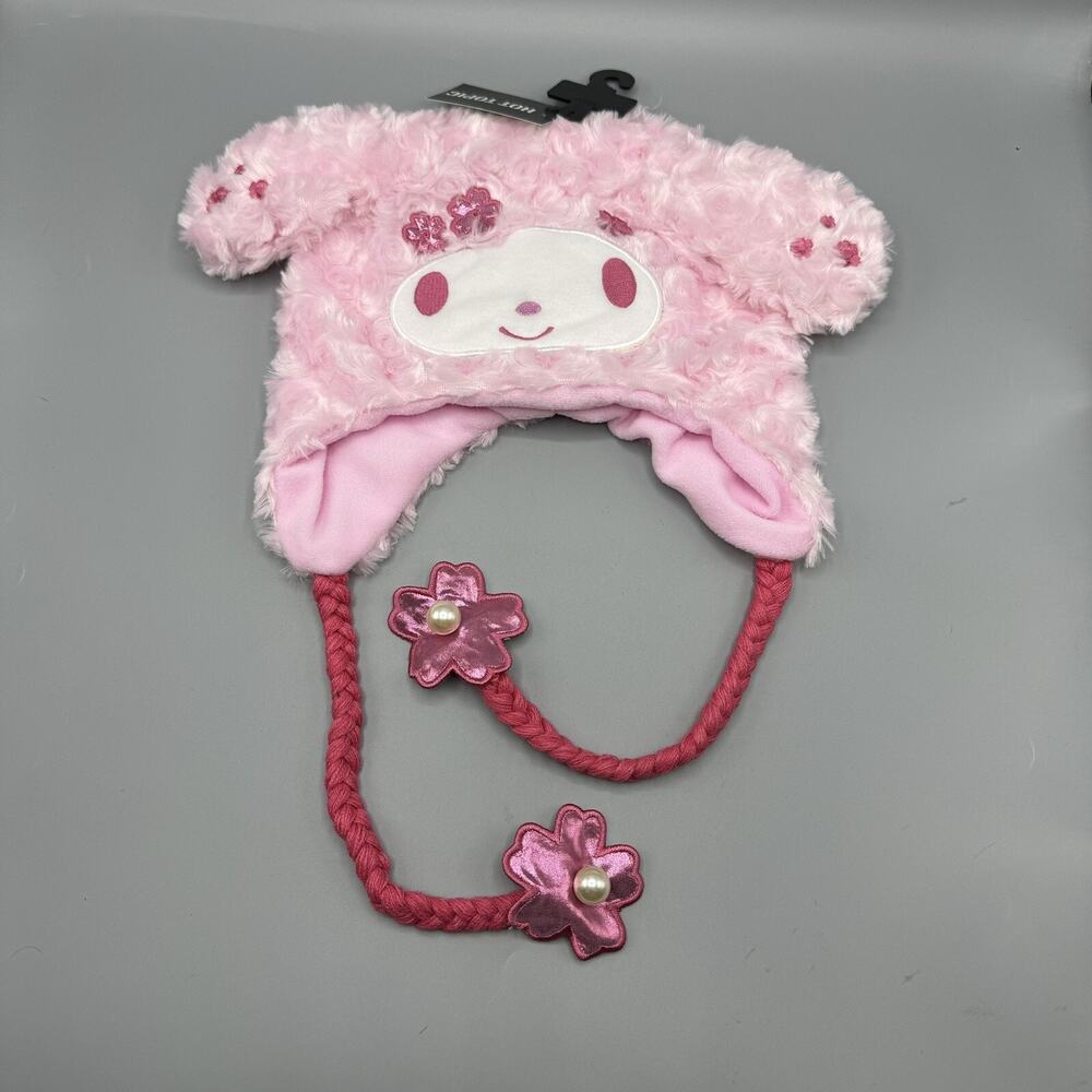 Sanrio My Melody Sakura Cherry Blossom Fuzzy Tassel Beanie NEW
